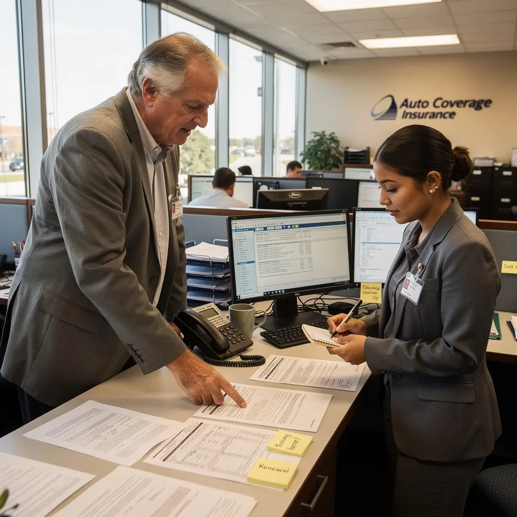 Stół obsługi roszczeń ubezpieczenia samochodowego z pracownikiem udzielającym informacji.