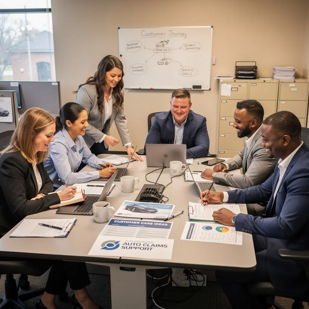 Pulpit do zgłaszania roszczeń w ubezpieczeniach samochodowych, przedstawiający pracownika pomagającego klientowi.