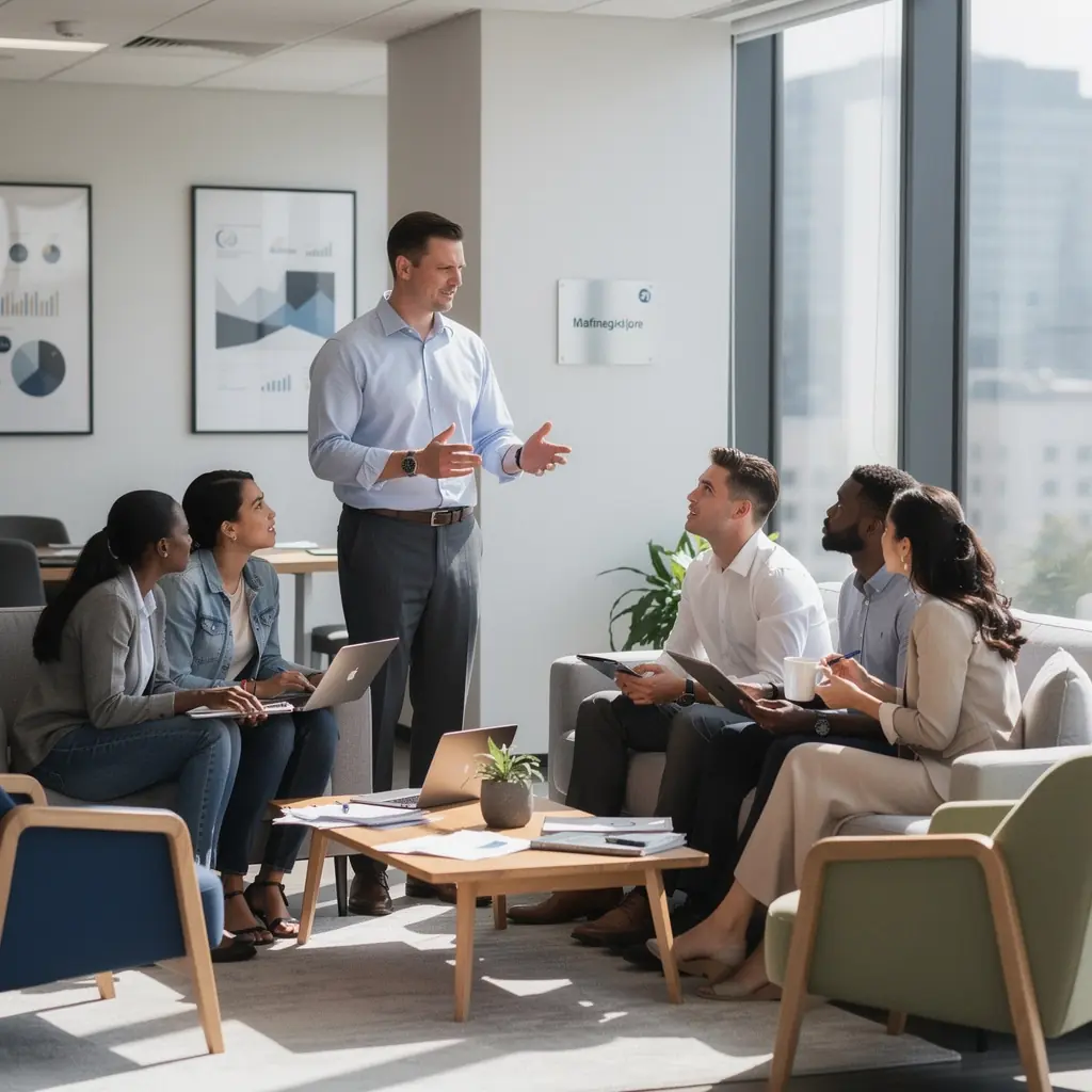 Konsultant udzielający wsparcia w zmianie polisy ubezpieczeniowej w biurze.
